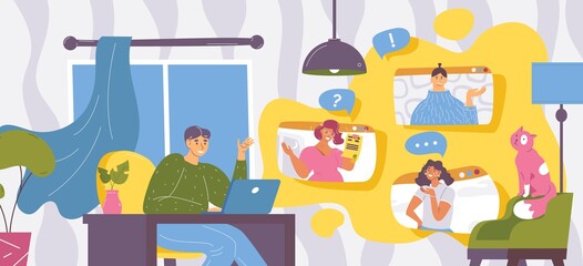 Home video conference concept scene. Man talking with friends via video chat