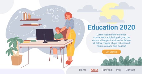 Innovative online education process landing page. New approach to teaching. Learning in comfortable condition. Home schooling plan at year. E-learning, distant graduation. Mother son study on internet