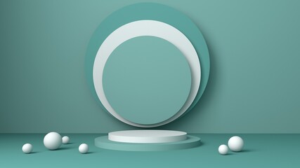 Minimal scene with podium and abstract background. Pastel Green and white colors scene. Trendy 3d render for social media banners, promotion, cosmetic product show. Geometric shapes interior.