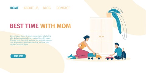 Obraz premium Loving mother playing son enjoy good quality pastime together landing page design template. Mom boy child sitting on playroom floor. Tips service for taking care of preschooler kid, babysitting