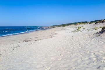 Beaches with fine white sand and blue sea, cloudless sky, city of Afife, parish of Viana do Castelo municipality, NUT III sub-region of Alto Minho, Portugal