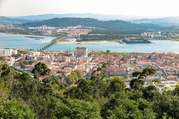 General view of the city of Viana do Castelo, with the Eiffel metal bridge, over the river Lima,...