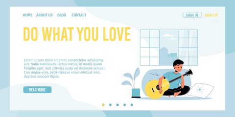 Acoustic guitar music lesson for children. Young guitarist artist enjoy playing string musical instrument at home. Little happy boy child creative hobby, school age kid interest. Landing page