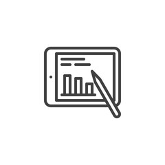 Tablet with statistics chart line icon. linear style sign for mobile concept and web design. Business report, spreadsheet outline vector icon. Symbol, logo illustration. Vector graphics