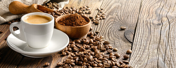Coffee cup and beans on old wooden table.