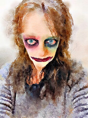 Halloween watercolor painting of a possessed woman's face with evil stare. Creepy makeup and hair.