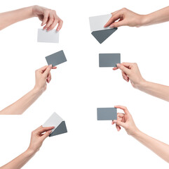 Collage female caucasian hands with blank business card isolated on white background. blank for designers