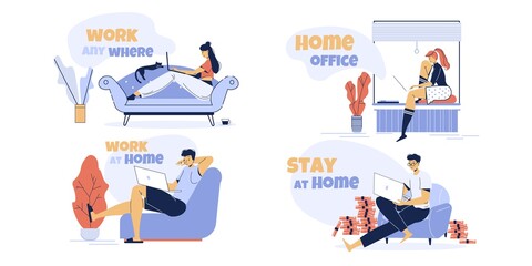 Remote freelance work anywhere, distant study at home anytime set. Man woman freelancer, teenager student sitting indoor using laptop. Business, schooling online in domestic workplace concept