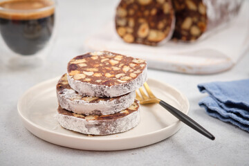 Chocolate salami or chocolate chorizo is a traditional Portuguese dessert made from dark chocolate, broken cookies, butter, eggs and a bit of port wine or rum. It is popular throughout Europe