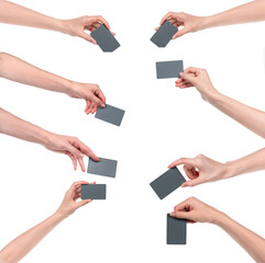 Collage female caucasian hands with blank business card isolated on white background. blank for designers