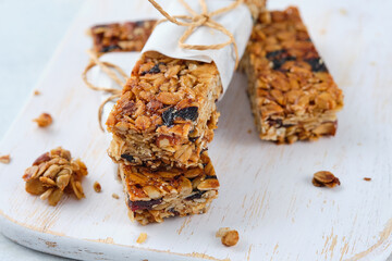 Homemade granola bars with nuts, seeds, chia seeds and dried cherries.