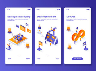 Development company isometric GUI design kit. Developers team collaboration, DevOps engineering templates for mobile app. UI UX onboarding screens. Vector illustration with tiny people characters.