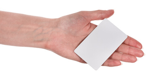 Obraz premium Female caucasian hands with blank business card isolated on white background. blank for designers
