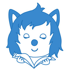 emoji with wolf school boy or a university student while studying or reading a book, funny cartoon character with simplistic facial expression, simple hand drawn emoticon