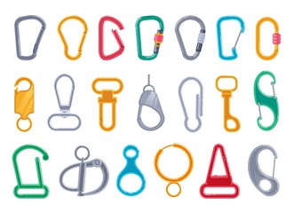 Carabiner clasp. Metal colored carabine for climbing rope link, metal snap hook for bag, safety or protecting haberdashery gear accessory set vector illustration isolated on white background