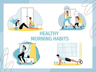 Healthy morning habits set. People enjoy active lifestyle. Mother daughter, man, woman, young couple together training do aerobics exercise, pump muscle, jump rope at home indoors. Daily routine