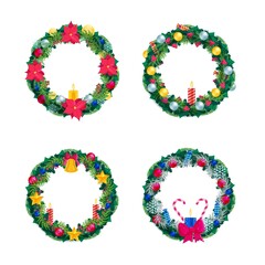 Christmas and New Year wreath set. Xmas fir tree brunch round frame ornament with festive star, ball, bauble, bow, candle and flower decoration vector illustration isolated on white background