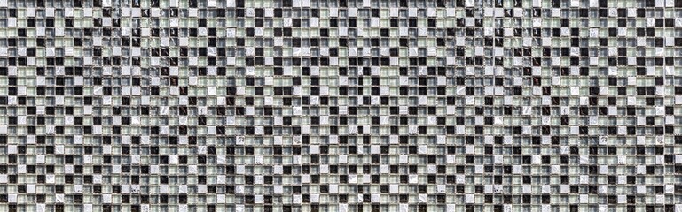 Panorama of Black and white pattern glass mosaic wall tile texture and seamless background