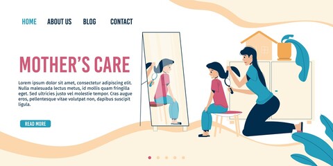 Loving mother combing daughter hair. Adorable kid sitting on chair front of home mirror. Room interior. Parenting family relationship. Parent girl child Daily life. Mother care landing page design