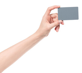 Obraz premium Female caucasian hands with blank business card isolated on white background. blank for designers