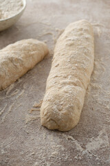 Raw baguette dough with whole grain rye flour. Copy space.