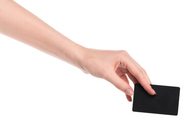 Female caucasian hands with blank business card isolated on white background. blank for designers