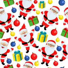 Seamless background with Santa Claus, toys and gifts for new year and Christmas. Vector illustration.