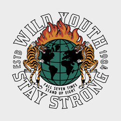 Tigers Around Burning Globe Illustration with Slogans Vector Artwork on White Background for Apparel and Other Uses