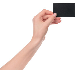 Female caucasian hands with blank business card isolated on white background. blank for designers