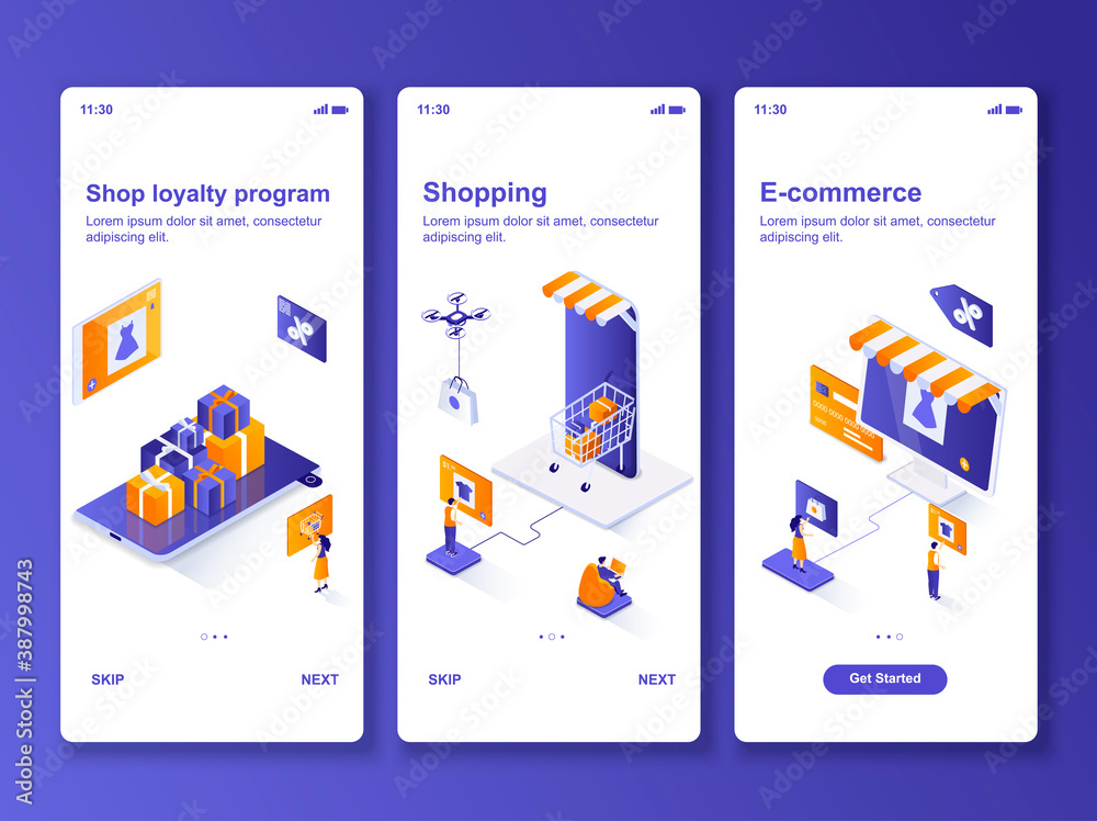 Fototapete online shopping isometric gui design kit. shop loyalty program, e-commerce templates for mobile app.