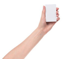 Female caucasian hands with blank business card isolated on white background. blank for designers