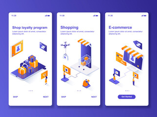 Obraz na płótnie Canvas Online shopping isometric GUI design kit. Shop loyalty program, e-commerce templates for mobile app. Customer services UI UX onboarding screens. Vector illustration with tiny people characters.