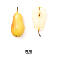 Pear fruit on the white background. Collection of whole and sliced pear fruits.