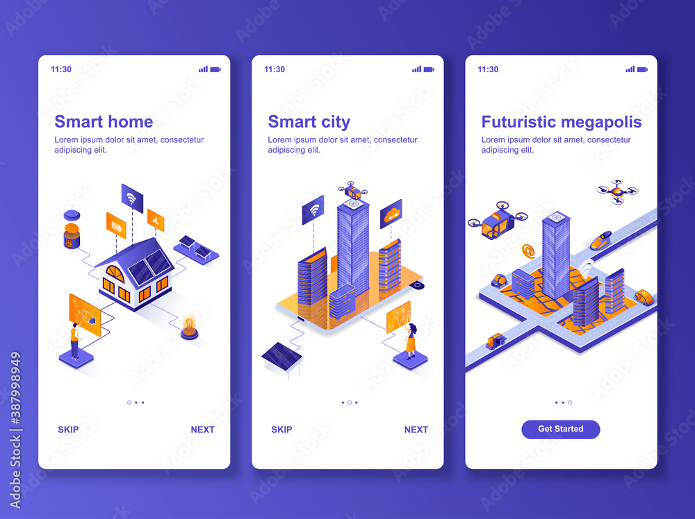 Poster smart home isometric design kit. smart city technology, futuristic megapolis templates for mobile ap