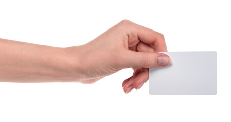 Fototapeta premium Female caucasian hands with blank business card isolated on white background. blank for designers