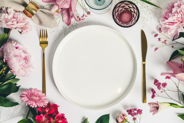Elegant table setting with floral decor, flat lay