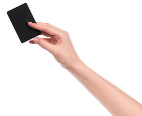 Female caucasian hands with blank business card isolated on white background. blank for designers