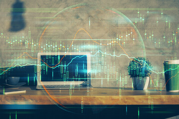 Double exposure of forex graph and work space with computer. Concept of international online trading.