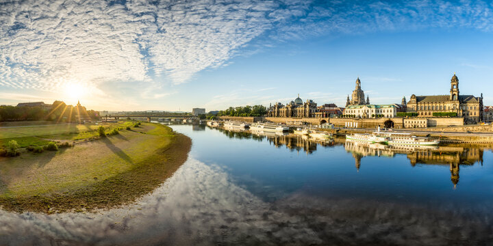 Panoramic view of Dresden at sunrise, Saxony, Germany