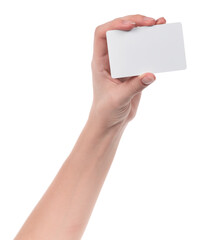 Female caucasian hands with blank business card isolated on white background. blank for designers
