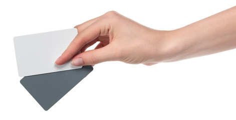 Obraz premium Female caucasian hands with blank business card isolated on white background. blank for designers