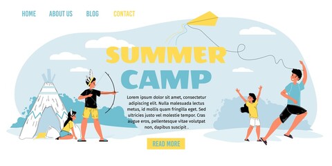 Recreation for kid at summer camp landing page. Girl boy enjoy rest outdoor play different game flying kite. Camping vacation, holiday adventure. Happy summertime, childhood entertainment