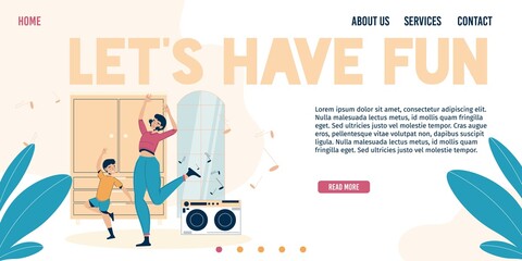Overjoyed mother son having fun good time listening to music dancing spending time together at home. Family indoor activities. Happy life moments. Motherhood, childhood. Landing page design