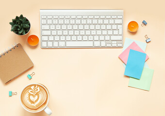 office desk background with smartphone with blank screen mockup, laptop computer, cup of coffee and supplies. Top view with copy space, flat lay