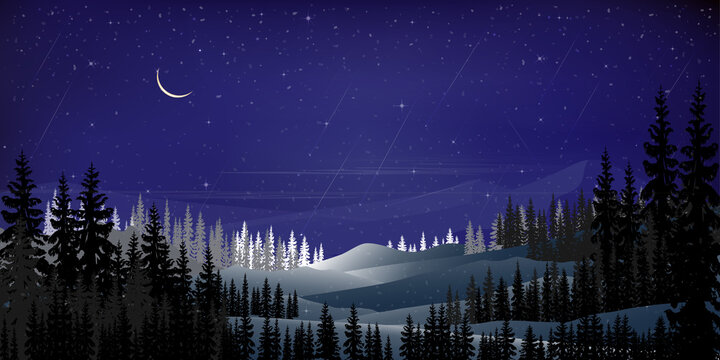 Winter in starry night with crescent moon, shining stars and comet falling over behind mountain and pine tree, Dark night forest in Winter wonderland for background on .Christmas and New year banner