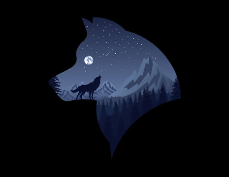 illustration with silhouette of wolf from forest landscape isolated on black background