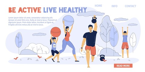 Happy family enjoy sport activity outdoor in natural park. Parent children exercising training breathing fresh air. Healthy lifestyle enjoyment. Be active inspiration quote design. Landing page layout