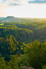 Saxon Switzerland. View at sunset from area "Brand" to landmark "Lilienstein".