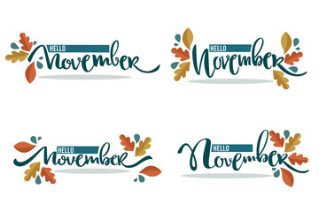 Fototapeta premium vector set of hello November, bright fall leaves and lettering composition