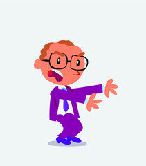 Very angry cartoon character of businessman pointing at something at side